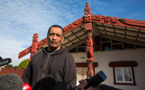 Hurimoana Dennis speaking to media at Te Puea Marae. 20 June 2016.