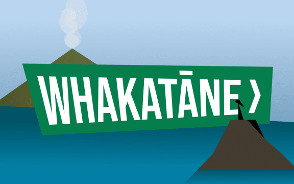 "Whakatāne" in the style of iconic New Zealand road sign.