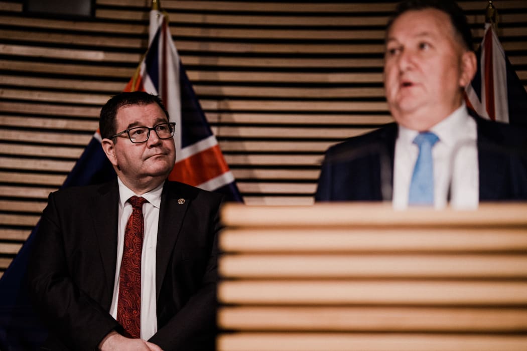 Infrastructure Minister Shane Jones and Minister of Finance Grant Robertson revealing the details on the $3 billion infrastructure spend on 1 July, 2020.