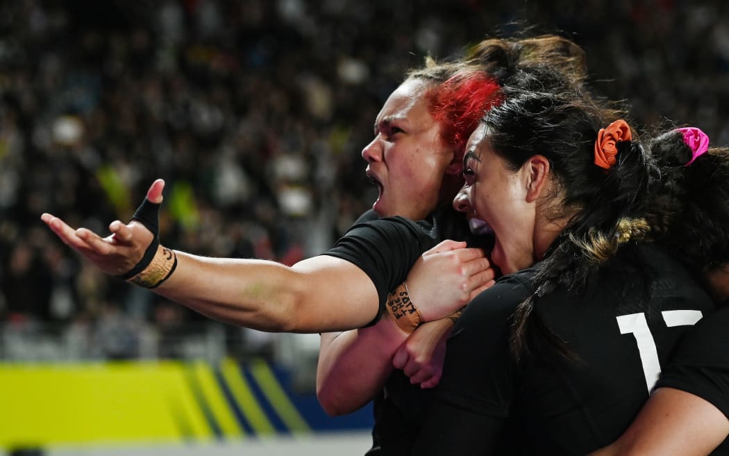 Ruby Tui of New Zealand celebrates her try in the Black Ferns semi-final against France at the Rugby World Cup.