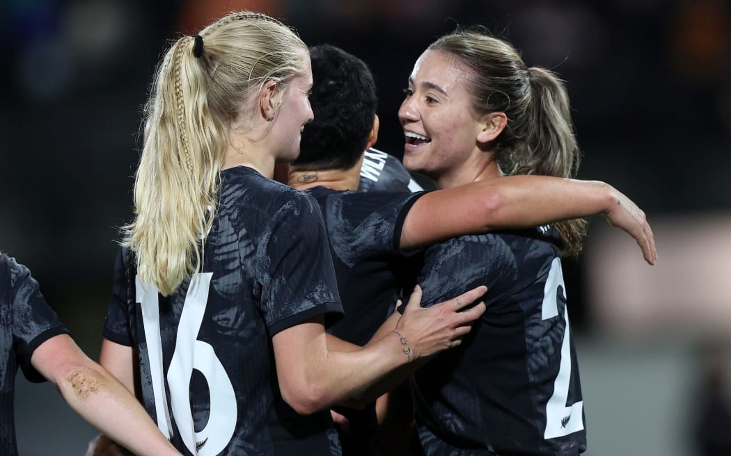 Jacqui Hand of Football Ferns celebrates scoring  with Indiah-Paige Riley of Football Ferns during the international friendly match at McLean Park, Napier , New Zealand on Monday10 July 2023. Mandatory credit: Lynne Cameron / www.photosport.nz