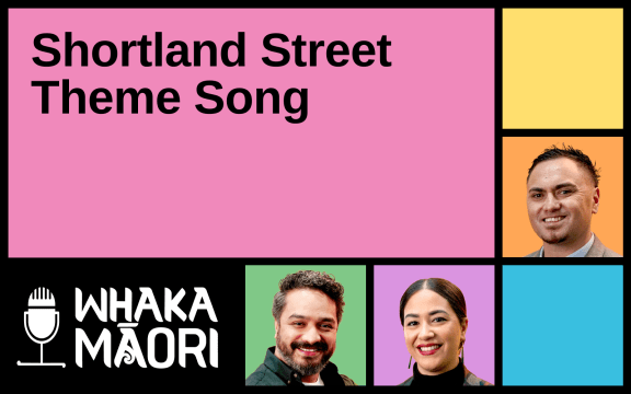 Text reads "Tuawaru, Shortland Street Theme Song", surrounding this text are the Whakamāori logo and the faces of the three hosts for the episodes.