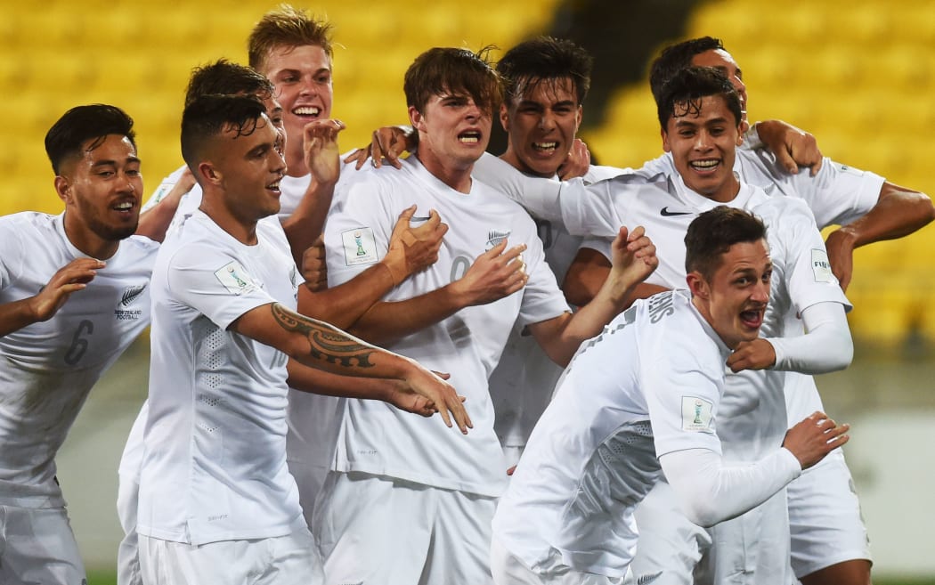 The Junior All Whites celebrate Joel Stevens goal in their 5-1 win over Myanmar.