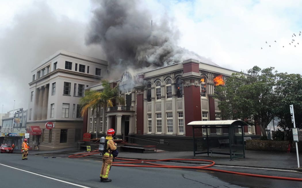 Fire ravaging Whangārei's old town hall in October 2019.