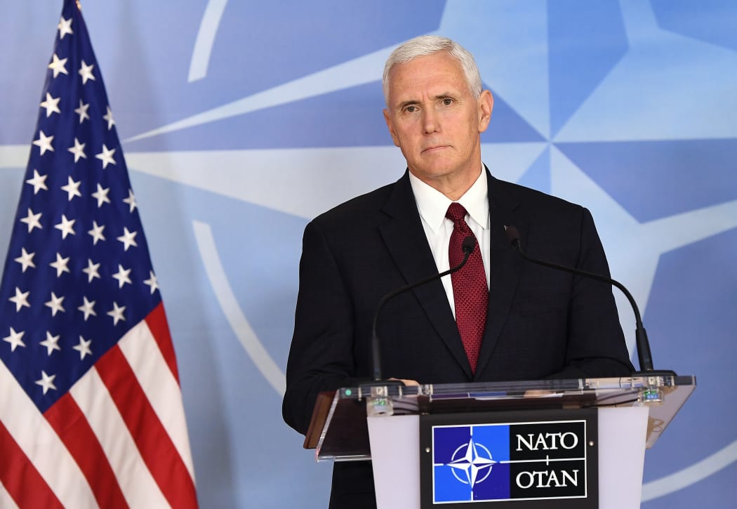US Vice-President Mike Pence gives a press conference after a meeting at the NATO headquarters in Brussels on 20 February.