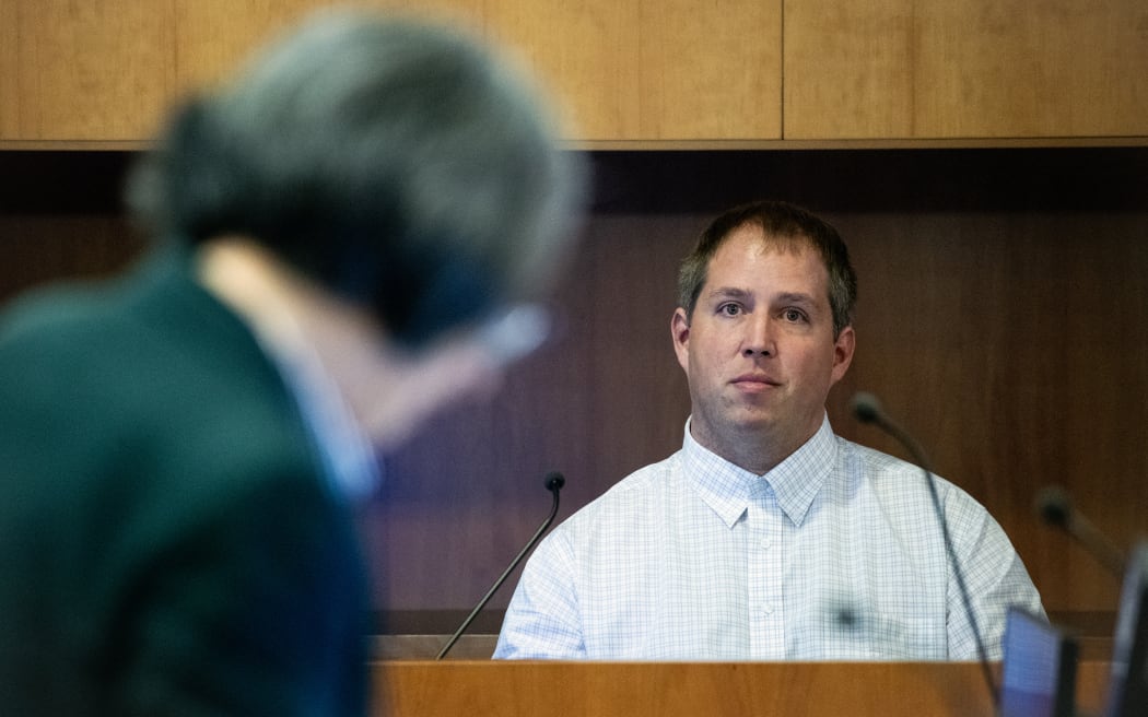 American Matthew Urey in the witness box at the Whakaari White Island eruption trial at the Auckland Environment Court.12 July 2023. New Zealand Herald photograph by Jason Oxenham