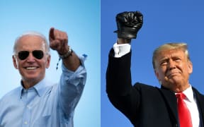 Democratic Presidential candidate Joe Biden prior to delivering remarks at a Drive-in event in Coconut Creek, Florida, and US President Donald Trump as he arrives to a campaign rally in Green Bay, Wisconsin.