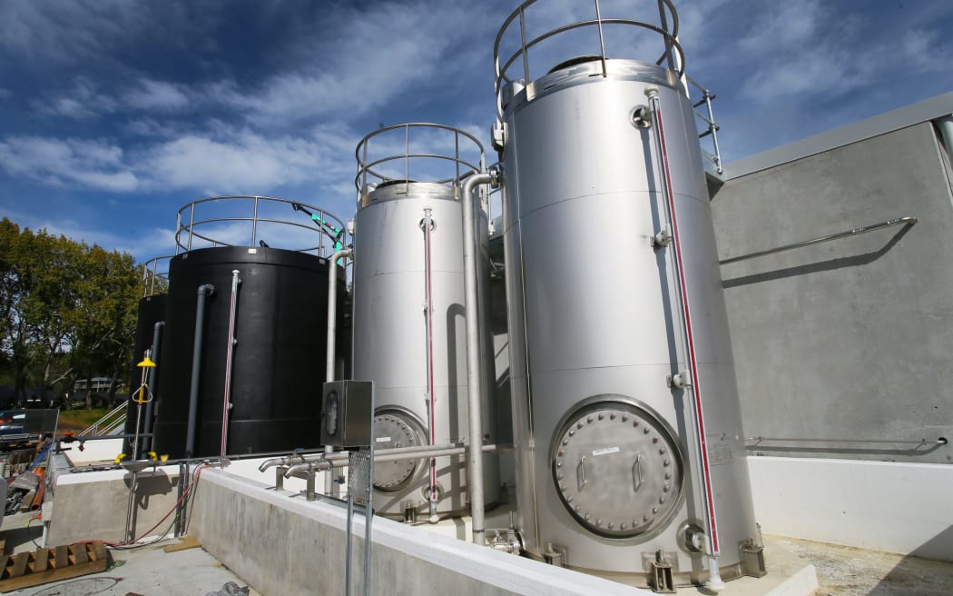 Chemical storage tanks at Whangārei District Council's Whau Valley water treatment plant.