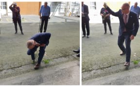 Health Minister David Clark pulls a weed from the former Cadbury factory ahead of the Dunedin Hospital build.