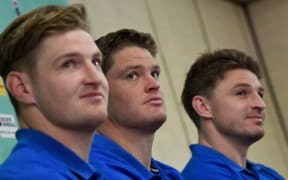 Barrett brothers Jordie (L), Scott (C) and Beauden (R) attend a press conference in Beppu.