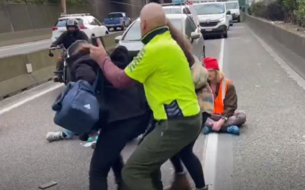 抗议者遇到了愤怒的驾车者，其中一名驾车者抓住了他们。
