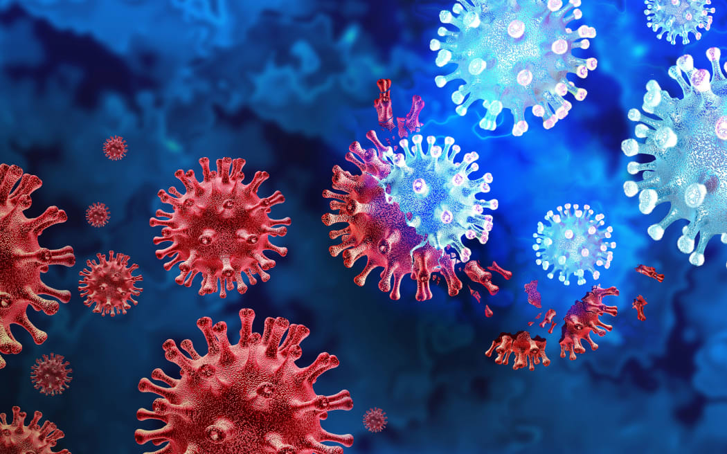 Mutating virus variant and cell mutation variants as a health risk concept and new coronavirus outbreak or covid-19 viral cells mutations and influenza background as a 3D render.