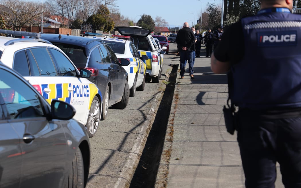 Police cars lined up during drugs busts this week in Ashburton. More than 100 police staff took part.