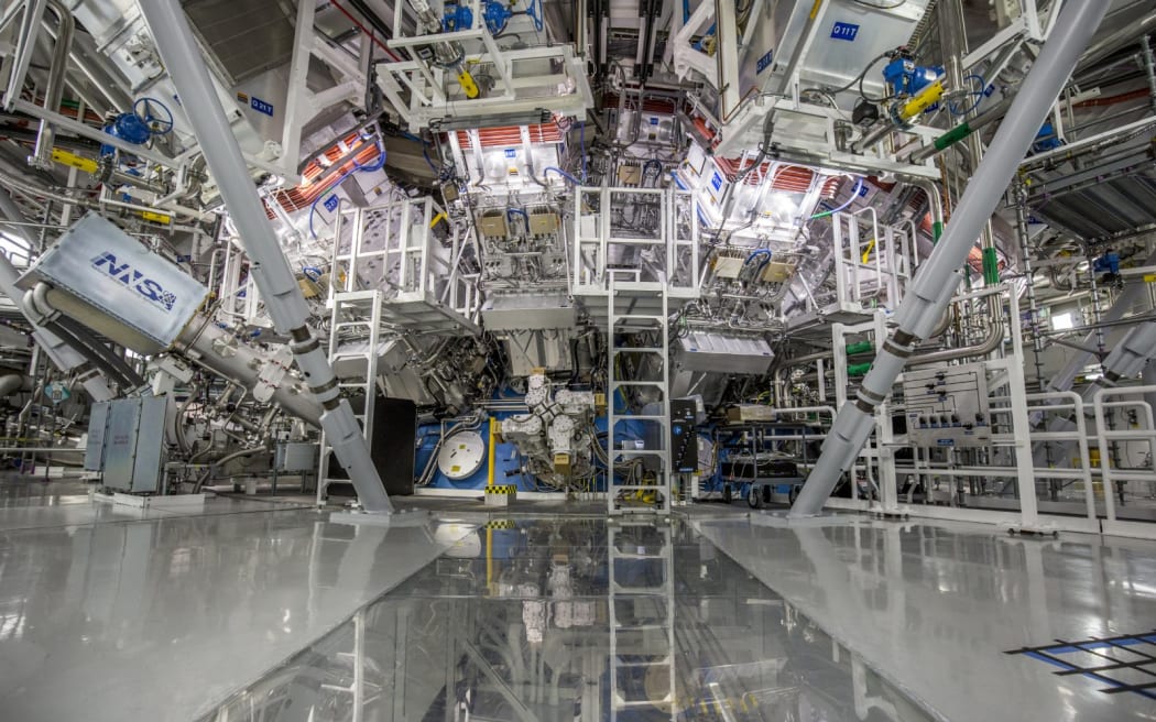 The target chamber of LLNL’s National Ignition Facility, where 192 laser beams delivered more than 2 million joules of ultraviolet energy to a tiny fuel pellet to create fusion ignition