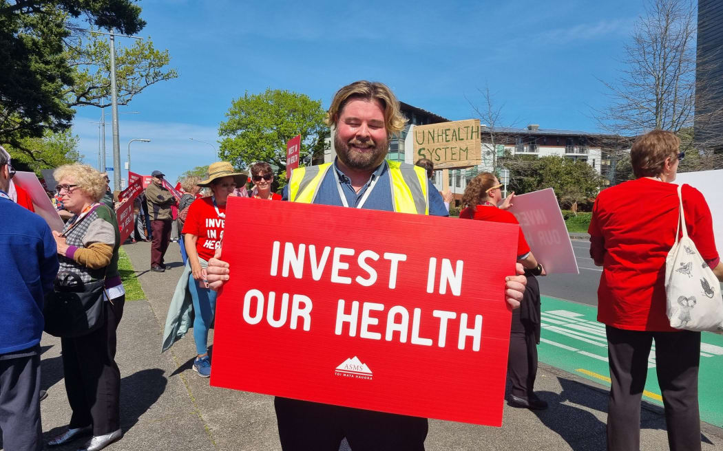 Hadleigh Clark at the doctors' strike in Auckland on 21 September 2023.