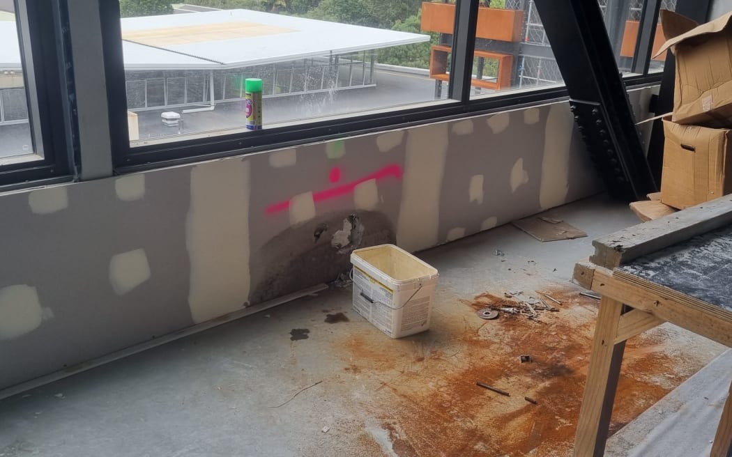 Pink dots mark plasterboard for removal in wake of water damage in new Whangarei civic centre. Some plasterboard's been replaced several times in the same spot.