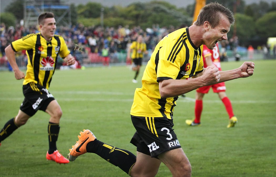 The Wellington Phoenix striker Joel Griffiths celebrates scoring a goal.