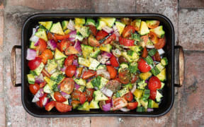 Oven roasted ratatouille with basil oil
