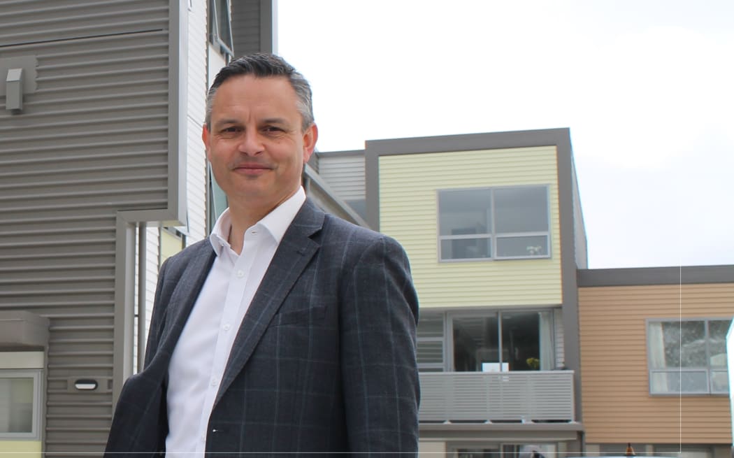 Green Party co-leader James Shaw during a visit to the Dwell Housing Trust in Kilbirnie, which offers low cost homes that tenants can rent to own, on 25 September, 2020.