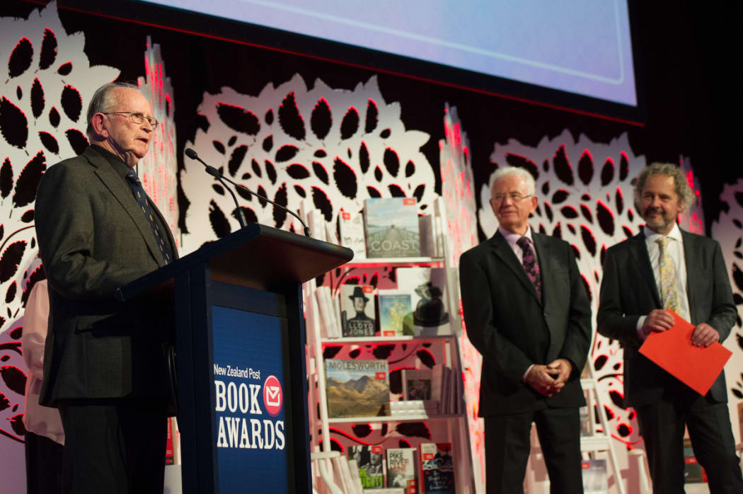 Vincent O'Sullivan, winner of the poetry category, with Sir Michael Cullen and Fergus Barrowman, publisher from Victoria University Press, at the 2014 New Zealand Post Book Awards