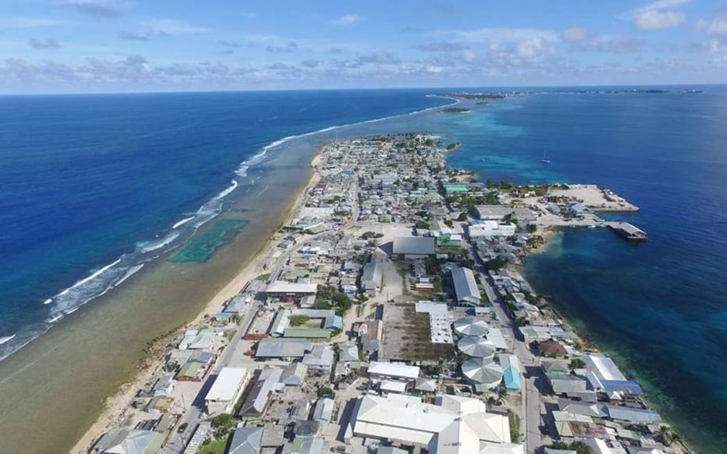 An aerial view looking south down the Marshall Islands atoll of Ebeye.