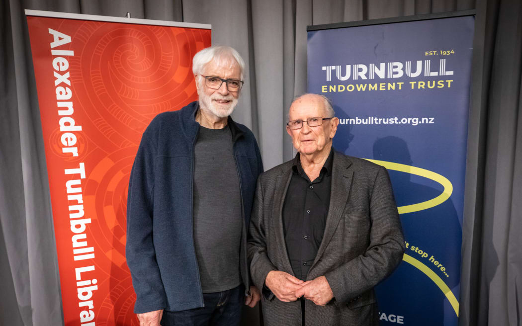 Ross Harris and Vincent O'Sullivan at The National Library of New Zealand.