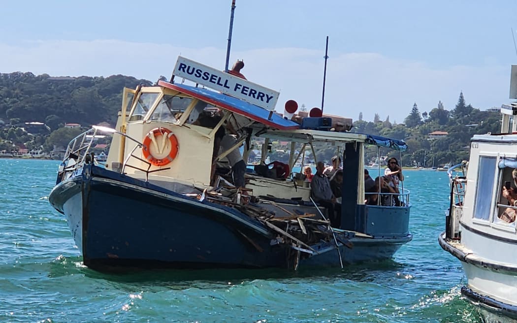 Another ferry comes to the rescue of the badly damaged Waitere. The wheelhouse and port side bore the brunt of the collision with a high-powered sports fishing boat.
