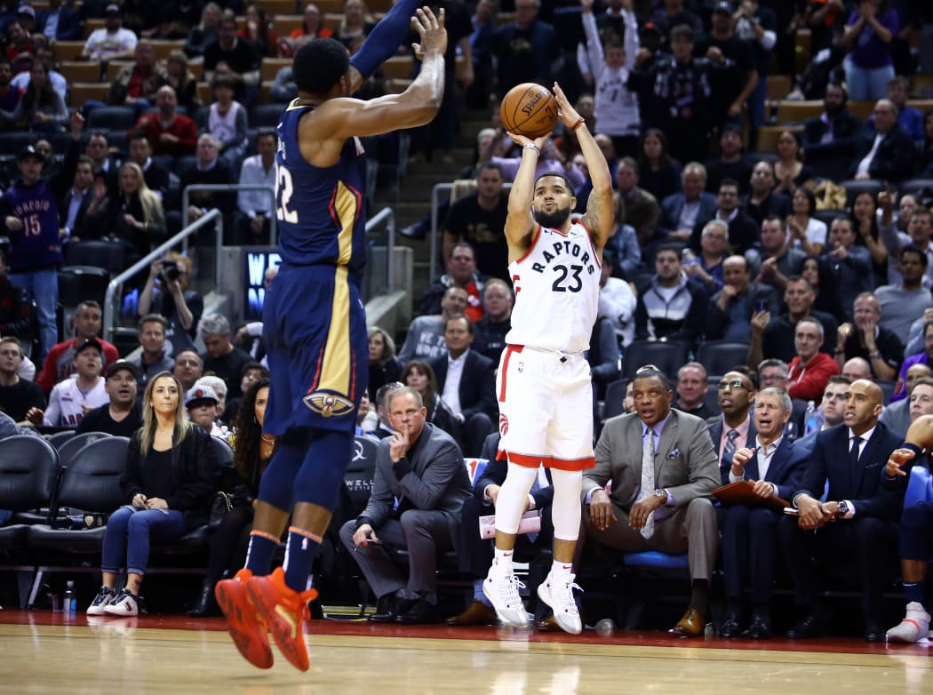 Toronto Raptors point guard Fred VanVleet puts up a shot against the New Orleans Pelicans on the opening night of the 2019/20 NBA season.