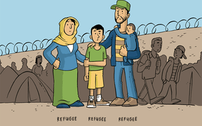 A refugee - or migrant - family stand at a camp, with a series of changing words underneath them reflecting their identity.