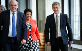 Steven Joyce (left), Paula Bennett and Bill English arriving at the 2015 Budget lock-up at Banquet Hall, Parliament.