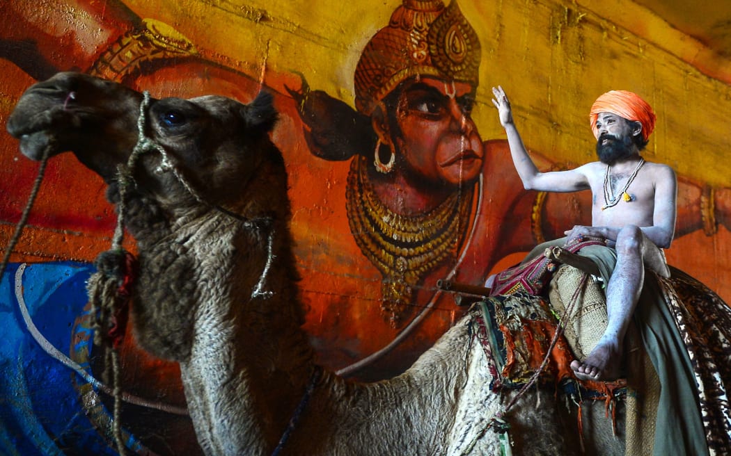 An Indian naked sadhu (Hindu holy man) rides a camel as he takes part in a religious procession towards the Sangam area during the 'royal entry' for the Kumbh Mela.