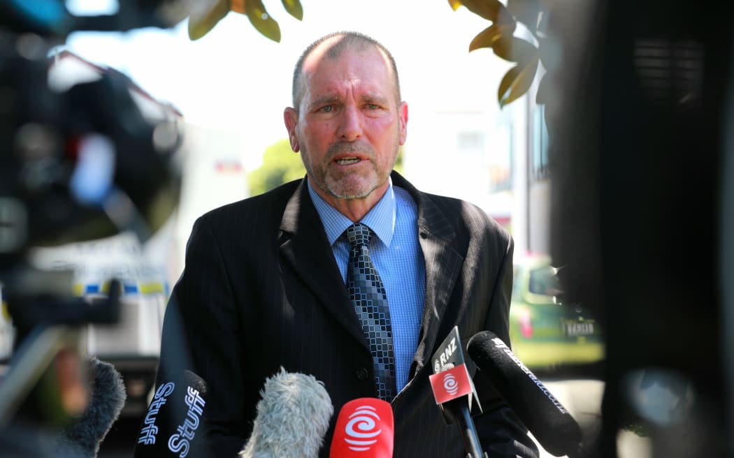 Detective Inspector Scott Beard speaks to media after a homicide on Celtic Crescent in Ellerslie, Auckland.