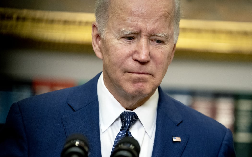 US President Joe Biden delivers remarks in the Roosevelt Room of the White House in Washington, DC after a gunman shot dead 18 young children at an elementary school in Texas.