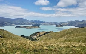 Whakaraupō Lyttelton Harbour from above Cass Bay in Canterbury.