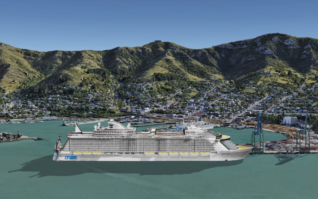 An artist's impression of Lyttelton Port's proposed cruise berth with the MS Oasis of the Seas.