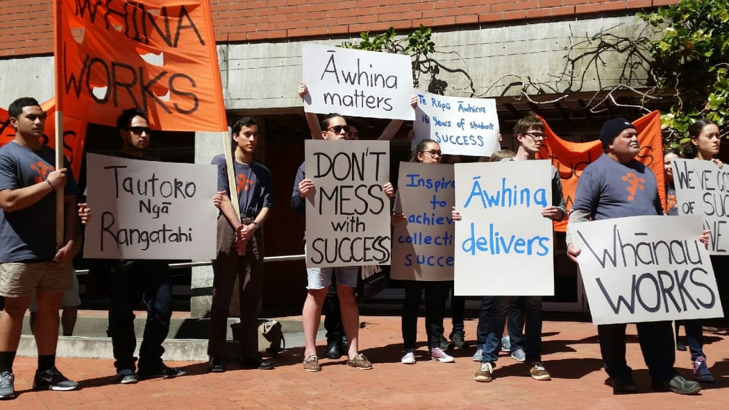 Students protesting the potential loss of whānau mentoring programme Te Rōpū Āwhina at Victoria University.