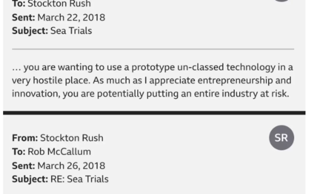 W e-mailach wysłanych do BBC wybitny specjalista od eksploracji głębinowych, Rob McCallum, zwrócił się do Stockton Rush z poważnymi obawami dotyczącymi bezpieczeństwa.