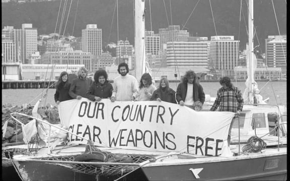 CANWAR protesters on a yacht in Wellington Harbour, protesting against the entrance of American nuclear warships into Wellington, August 1976. From Evening Post