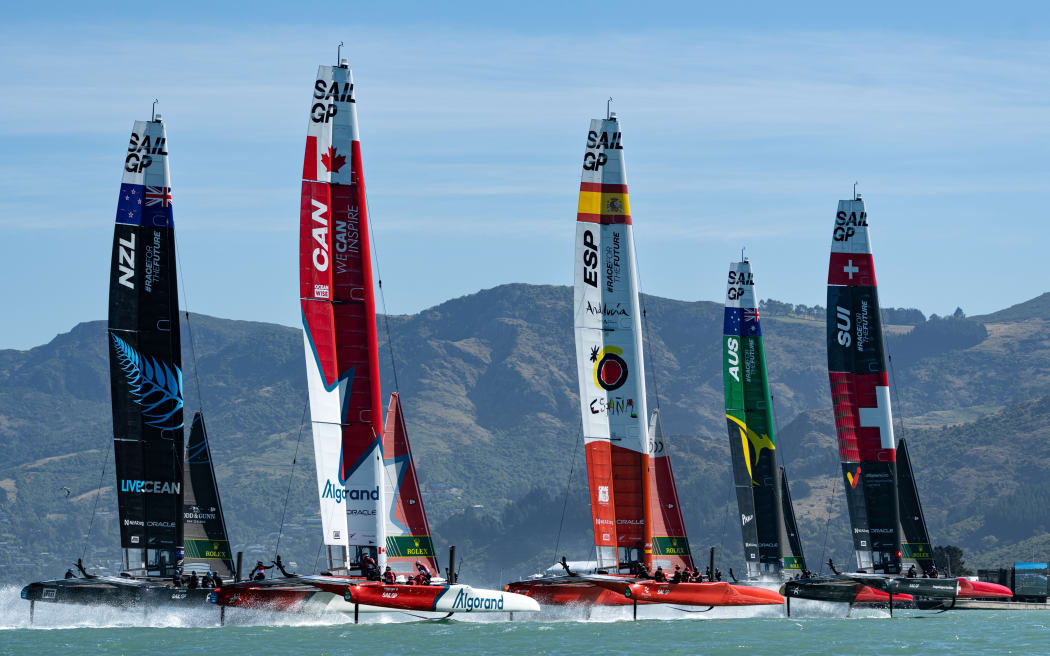 The SailGP F50 catamaran fleet in action on Lyttelton Harbour 2023.