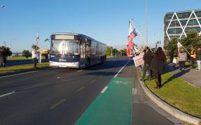 Bus drivers on strike in Auckland on 23 October.