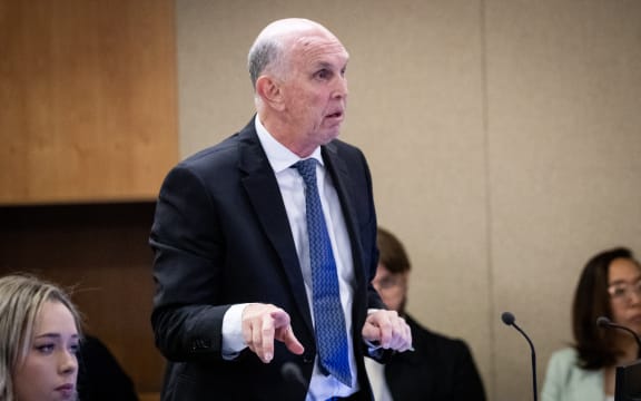 Representing ID Tours, lawyer David Neutze cross examines burns victim Matthew Urey on day 2 of the Whakaari White Island eruption trial at the Auckland Environment Court.
12 July 2023. New Zealand Herald photograph by Jason Oxenham