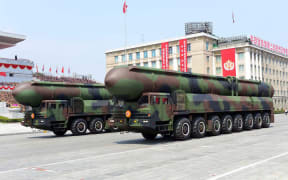 A picture released by North Korea  which shows ballistic missiles on display during a military parade.