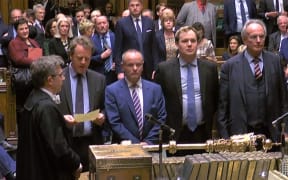 UK Parliament tellers, Conservative MPs (from left)  Alister Jack, Mike Freer, William Wragg and Peter Bone delivering the result of vote on a government motion on whether to seek a delay in the date of leaving the EU.