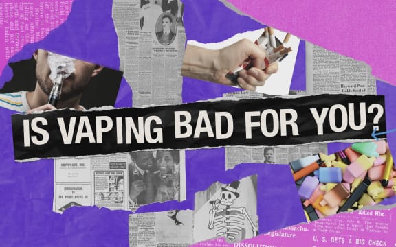 Title of "Is vaping bad for you?" along with images of vapes and newspaper articles.
