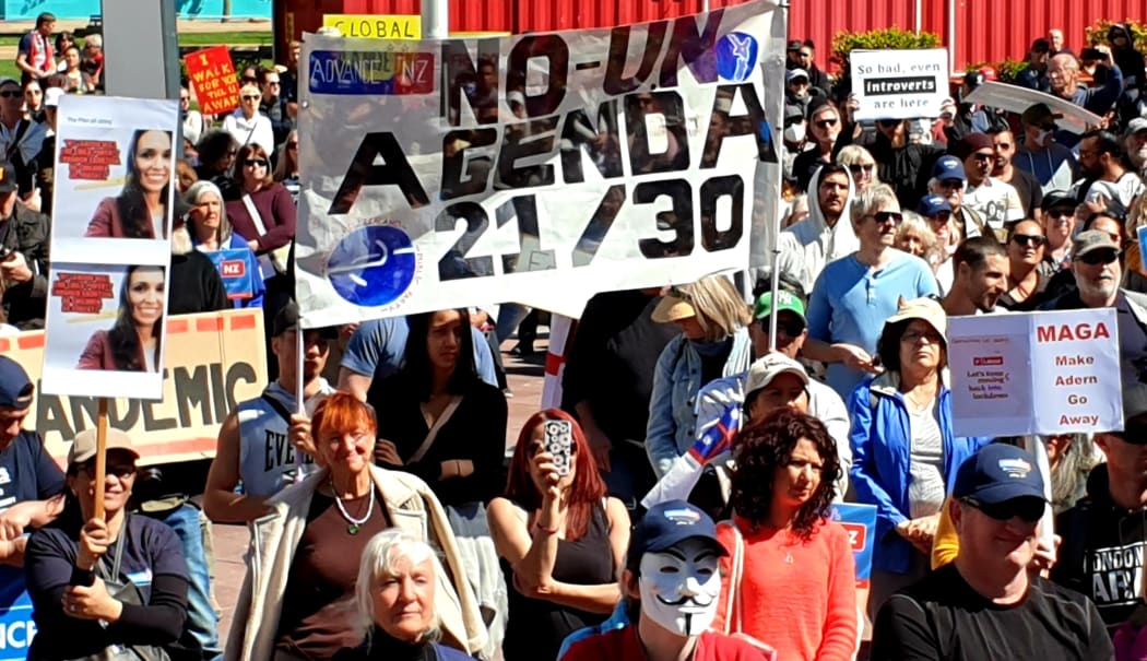 There was little social distancing observed among those who attended a protest organised by the Advance Party against the government's Covid-19 restrictions and lockdowns on 12 September, 2020.