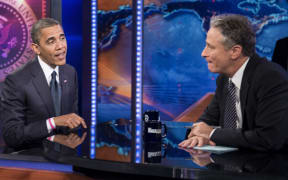 October 18, 2012: US President Barack Obama and host Jon Stewart speaking during a break in the live taping of Comedy Central’s Daily Show.