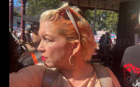 Posie Parker and members of her entourage were pelted with a substance resembling tomato sauce as they made their way to the Albert Park rotunda.