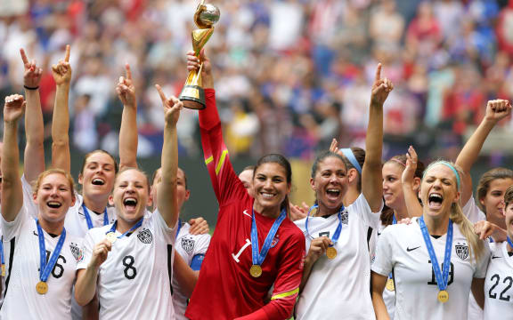 Hope Solo of USA holds the world cup trophy in the FIFA Women's World Cup 2015.