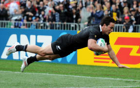 Zac Guilford scores a try during the All Blacks 2011 Rugby World Cup campaign.
