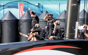 Team New Zealand heading out from Auckland viaduct for America's Cup race on 17 March 2021